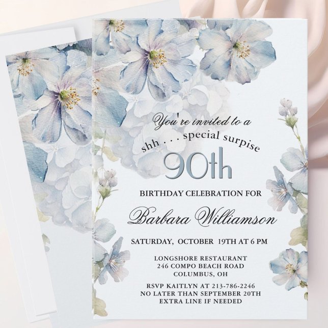 SURPRISE Elegant Blue Floral 90th Birthday  Invitation (Creator Uploaded)