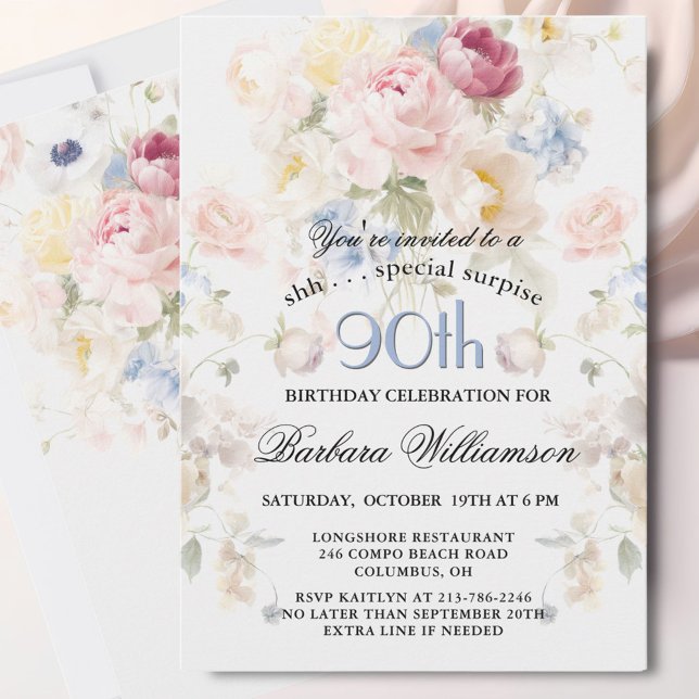 SURPRISE Elegant Painted Floral 90th Birthday  Invitation (Creator Uploaded)