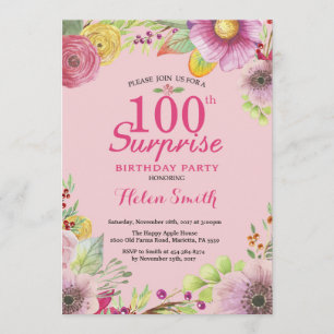 Surprise Floral 100th Birthday Invitation Women