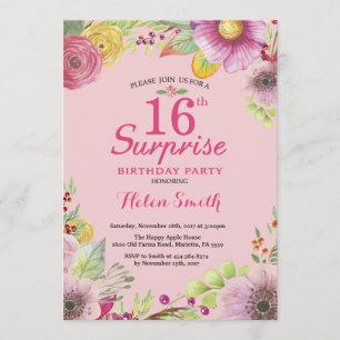 Surprise Floral 16th Birthday Invitation for Women
