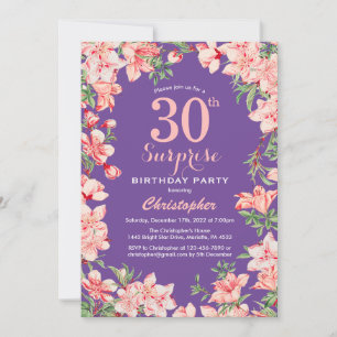 Surprise Floral 30th Birthday Pink Flowers Purple Invitation