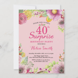 Surprise Floral 40th Birthday Invitation for Women