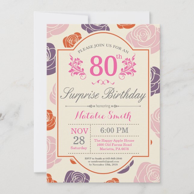 Surprise Floral 80th Birthday Invitation Pink Rose (Front)