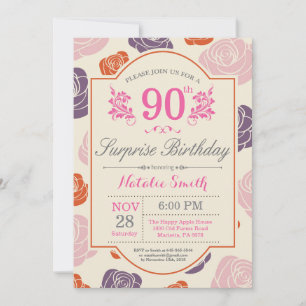 Surprise Floral 90th Birthday Invitation Pink Rose