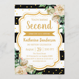 Surprise Floral Black White Stripes Birthday Party Invitation