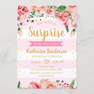 Surprise Floral Blush Pink Stripes Birthday Party Invitation