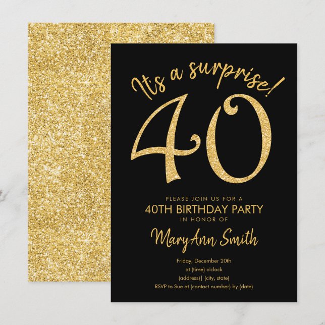 Surprise Forty Gold 40th Birthday Party Invitation (Front/Back)