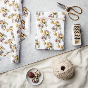 Surprise gift box with bee with balloon birthday wrapping paper