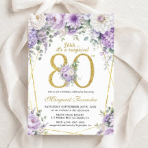 Surprise Gold 80th Birthday Dusty Purple Floral 