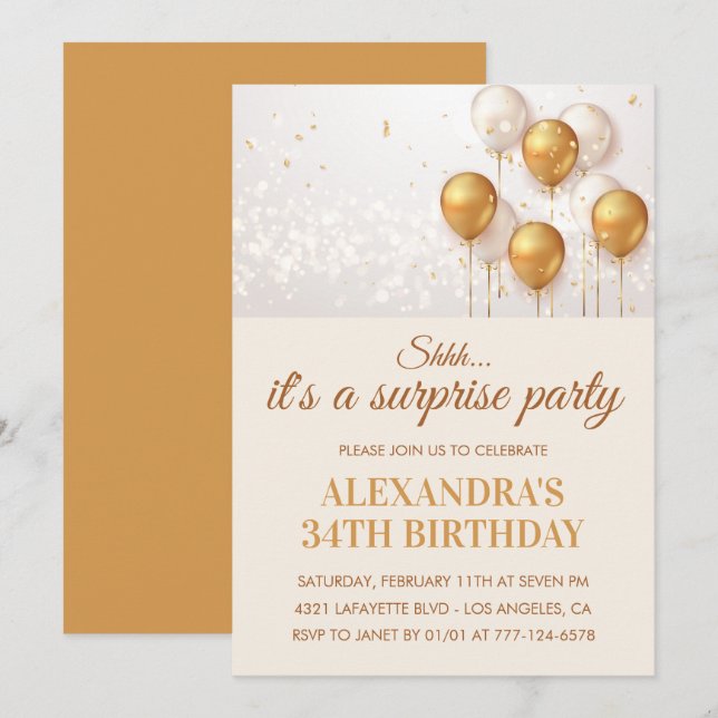 Surprise Gold Balloons 34th birthday invitations  (Front/Back)