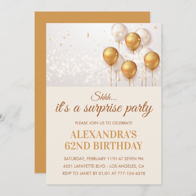 Surprise Gold Balloons 62nd birthday invitations  (Front/Back)