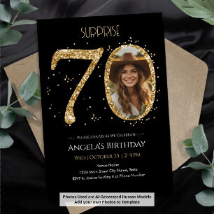 Surprise Gold Glitter 70th Birthday Photo Invitation