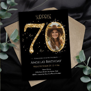 Surprise Gold Glitter 70th Birthday Photo Invitation