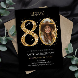 Surprise Gold Glitter 80th Birthday Photo Invitation