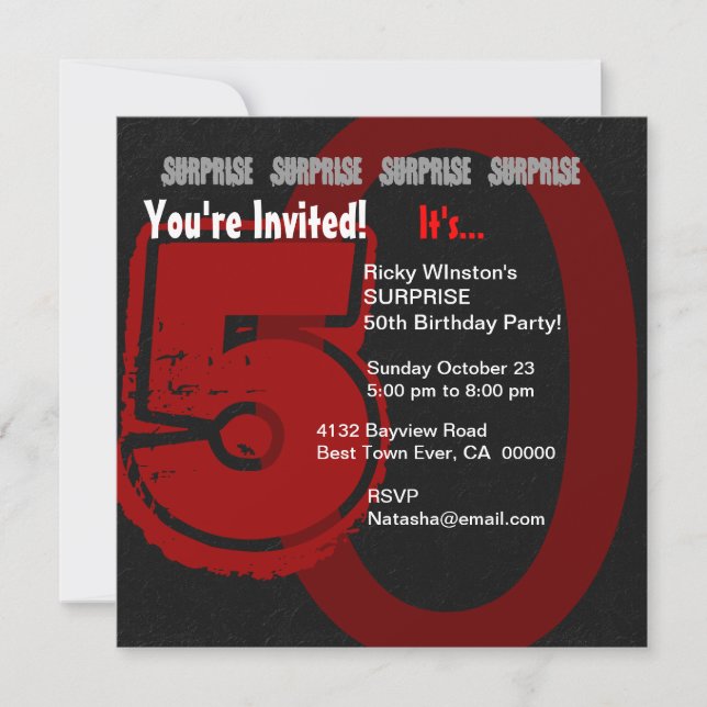 SURPRISE Grunge 50th Birthday Red and Black W202 Invitation (Front)
