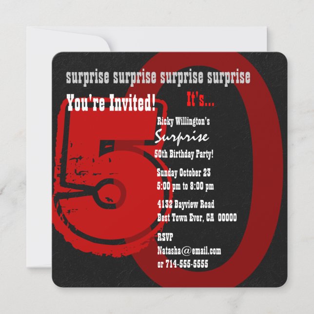 SURPRISE Grunge 50th Birthday Red and Black W202B Invitation (Front)