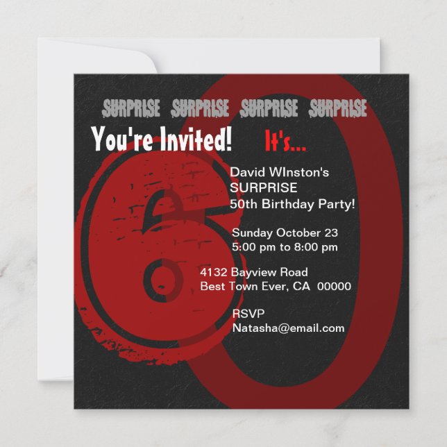 SURPRISE Grunge 60th Birthday Red and Black W204 Invitation (Front)