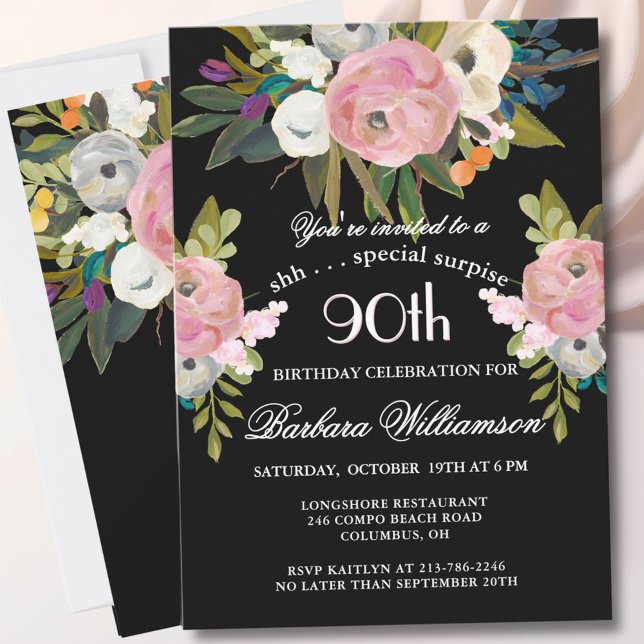 SURPRISE Handpainted Floral 90th Birthday Party  Invitation (Creator Uploaded)