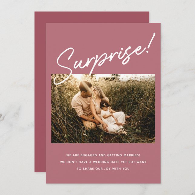 Surprise Modern Dusty Rose Blush Engagement Photo Save The Date (Front/Back)