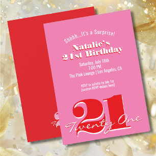 SURPRISE! Modern Pink Red Minimalist 21st Birthday Invitation