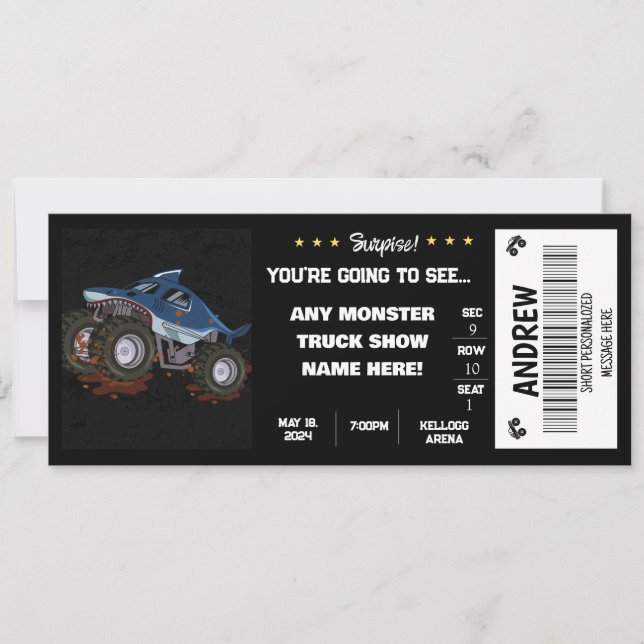 SURPRISE MONSTER  TRUCKS GIFT TICKET INVITATION (Front)