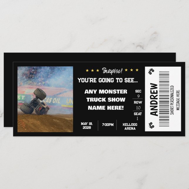SURPRISE MONSTER  TRUCKS GIFT TICKET INVITATION (Front/Back)