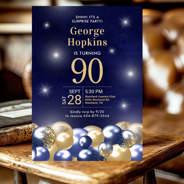 Surprise Navy Blue Gold Balloons 90th Birthday Invitation (Creator Uploaded)