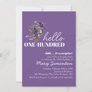 SURPRISE PARTY 100 Birthday Purple Floral Bouquet Invitation