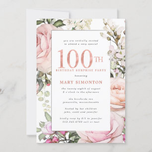 SURPRISE PARTY 100th Birthday Blush Pink Floral Invitation