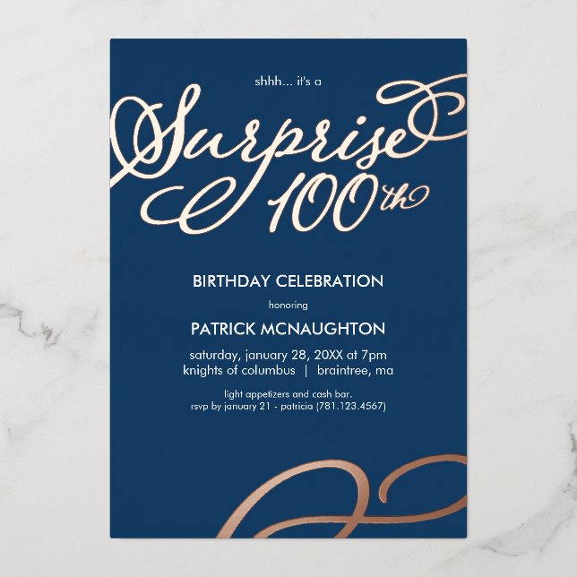 Surprise Party 100th Birthday Gold Foil Invitation (Front)
