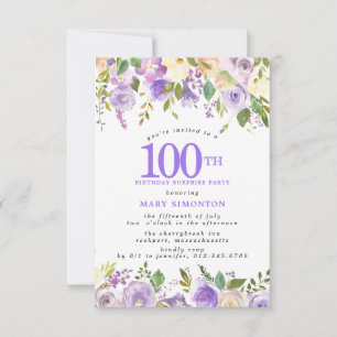 SURPRISE PARTY 100th Birthday Pretty Purple Floral Invitation