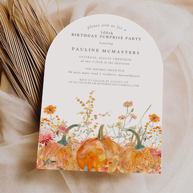SURPRISE PARTY 100th Birthday Pumpkin Wildflower Invitation (Creator Uploaded)