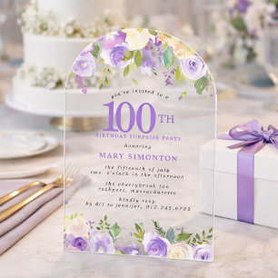 SURPRISE PARTY 100th Birthday Purple Floral Clear Acrylic Invitations