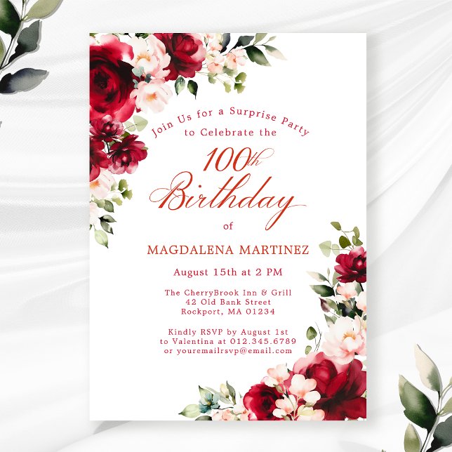 SURPRISE PARTY 100th Birthday Red Pink Floral Invitation (Creator Uploaded)
