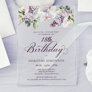 SURPRISE PARTY 18th Birthday Purple Lilac Floral Acrylic Invitations