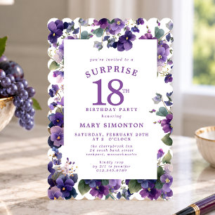 SURPRISE PARTY 18th Birthday Purple Violet Floral Invitation