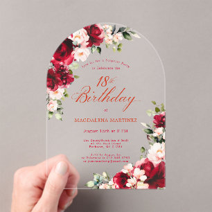 SURPRISE PARTY 18th Birthday Red Pink Floral Arch Acrylic Invitations