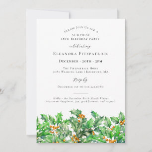 SURPRISE PARTY 18th Holly December Birth Flower Invitation