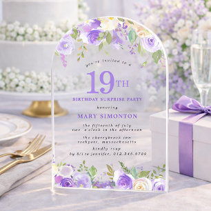 SURPRISE PARTY 19th Birthday Purple Floral Clear Acrylic Invitations