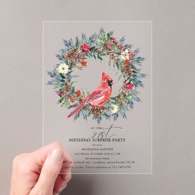 SURPRISE PARTY 21st Birthday Cardinal Wreath Acrylic Invitations (Insitu (Handheld))