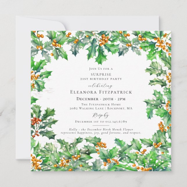 SURPRISE PARTY 21st Birthday December Birth Flower Invitation (Front)