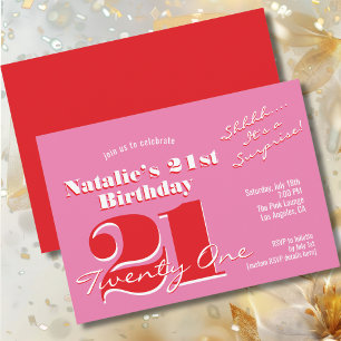 SURPRISE PARTY 21st Birthday Pink Red Minimalist  Invitation