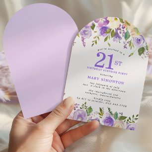 SURPRISE PARTY 21ST Birthday Purple Floral Arch Invitation