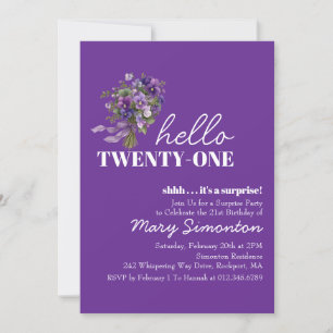 SURPRISE PARTY 21st Birthday Purple Floral Bouquet Invitation