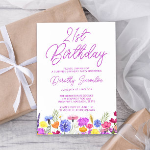 SURPRISE PARTY 21st Birthday Purple Wildflower Invitation
