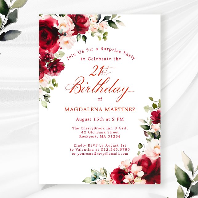 SURPRISE PARTY 21st Birthday Red Pink Floral Invitation (Creator Uploaded)