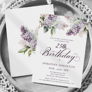 SURPRISE PARTY 25th Birthday Purple Lilac Floral Invitation