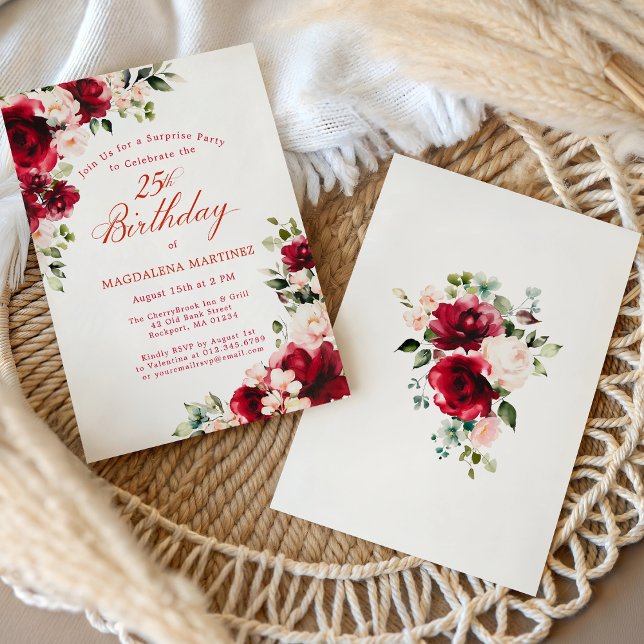 SURPRISE PARTY 25th Birthday Red Pink Floral Invitation (Creator Uploaded)