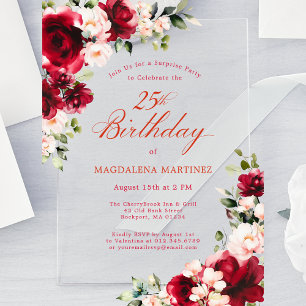SURPRISE PARTY 25th Birthday Red Rose Pink Peony  Acrylic Invitations