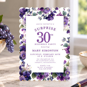 SURPRISE PARTY 30th Birthday Purple Violet Floral Invitation